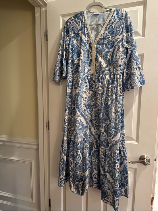 Suzy D Dresses & Skirts - Blue & White V-Neck Maxi Dress - Classic Printed Women’s Dress